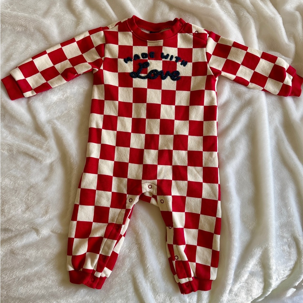 Old Navy Red & Cream Checkered Baby One-Piece with 'made with love' Embroidery